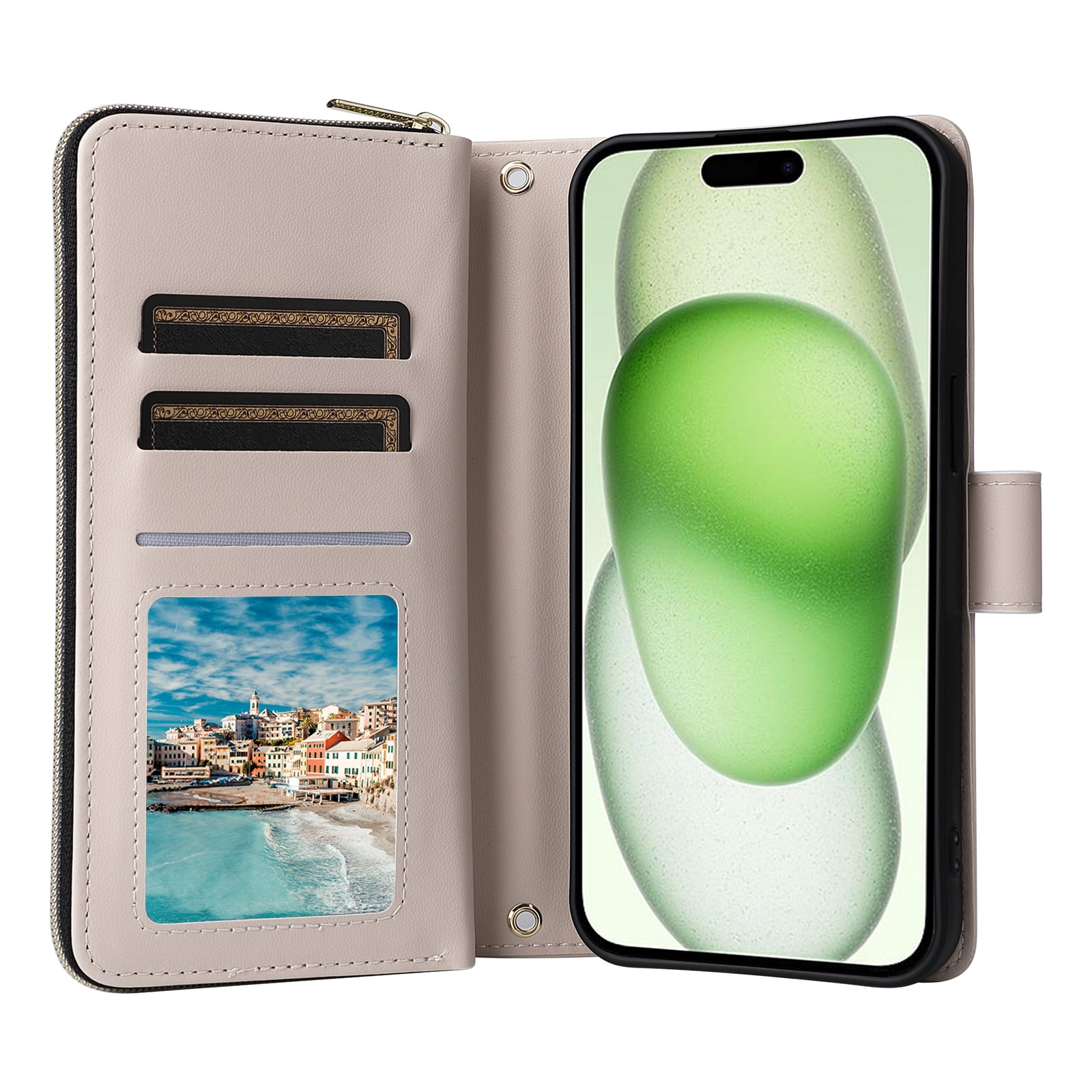 Allytechgroup Credit Card Slot RFID Blocking Shoulder Strap Lanyard Shockproof Leather Wallet Flip Stand Cell Phone Case for Apple iPhone 15, Beige