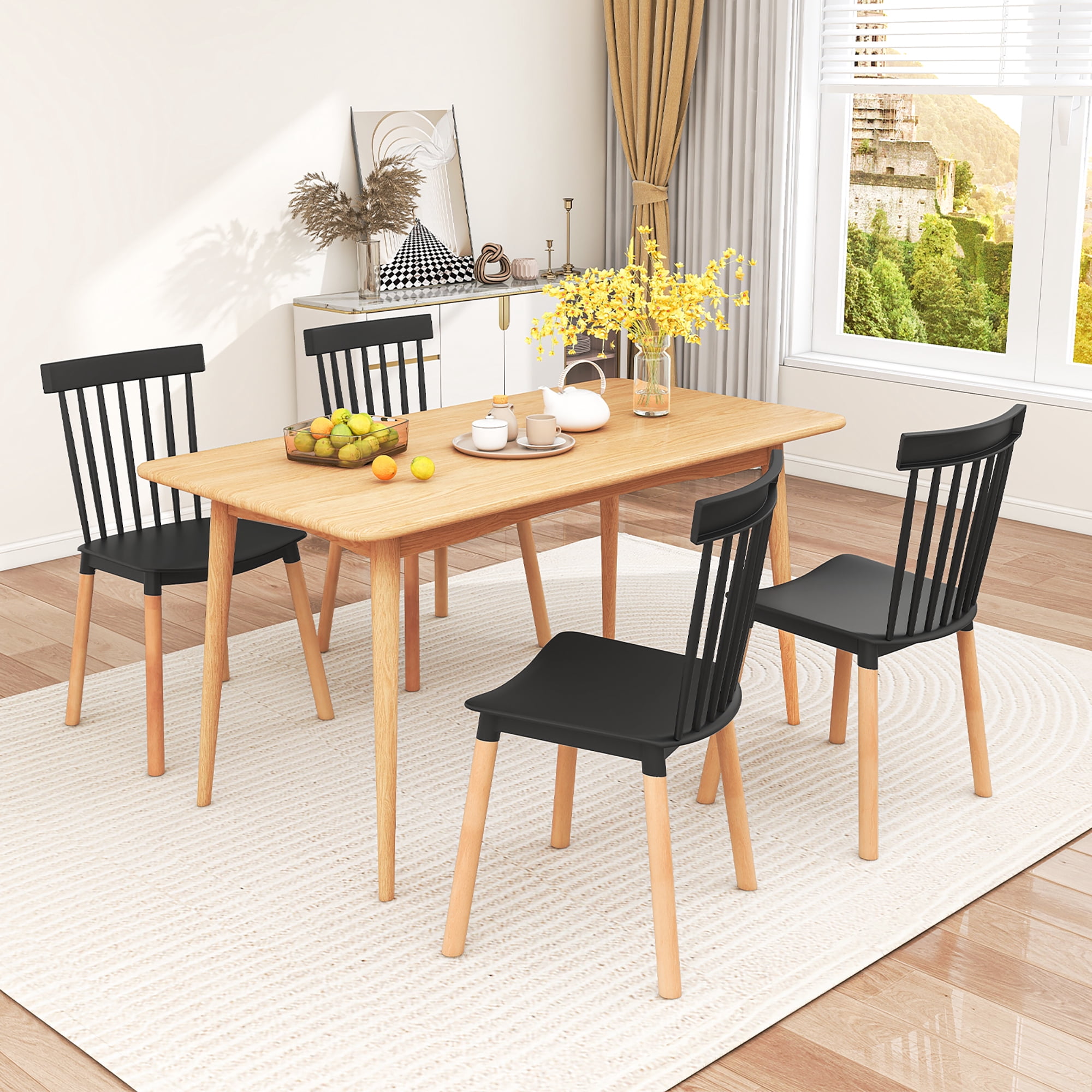 Gymax Set of 4 Windsor Dining Chairs Dining Chairs w/ Spindle Backs & Curved Seats Black