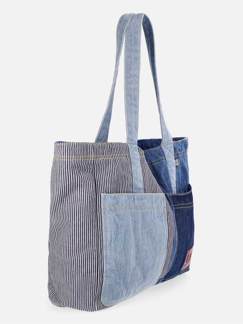 Kacey Lee Women's Denim Tote Bag, Hickory Stripe and Patchwork