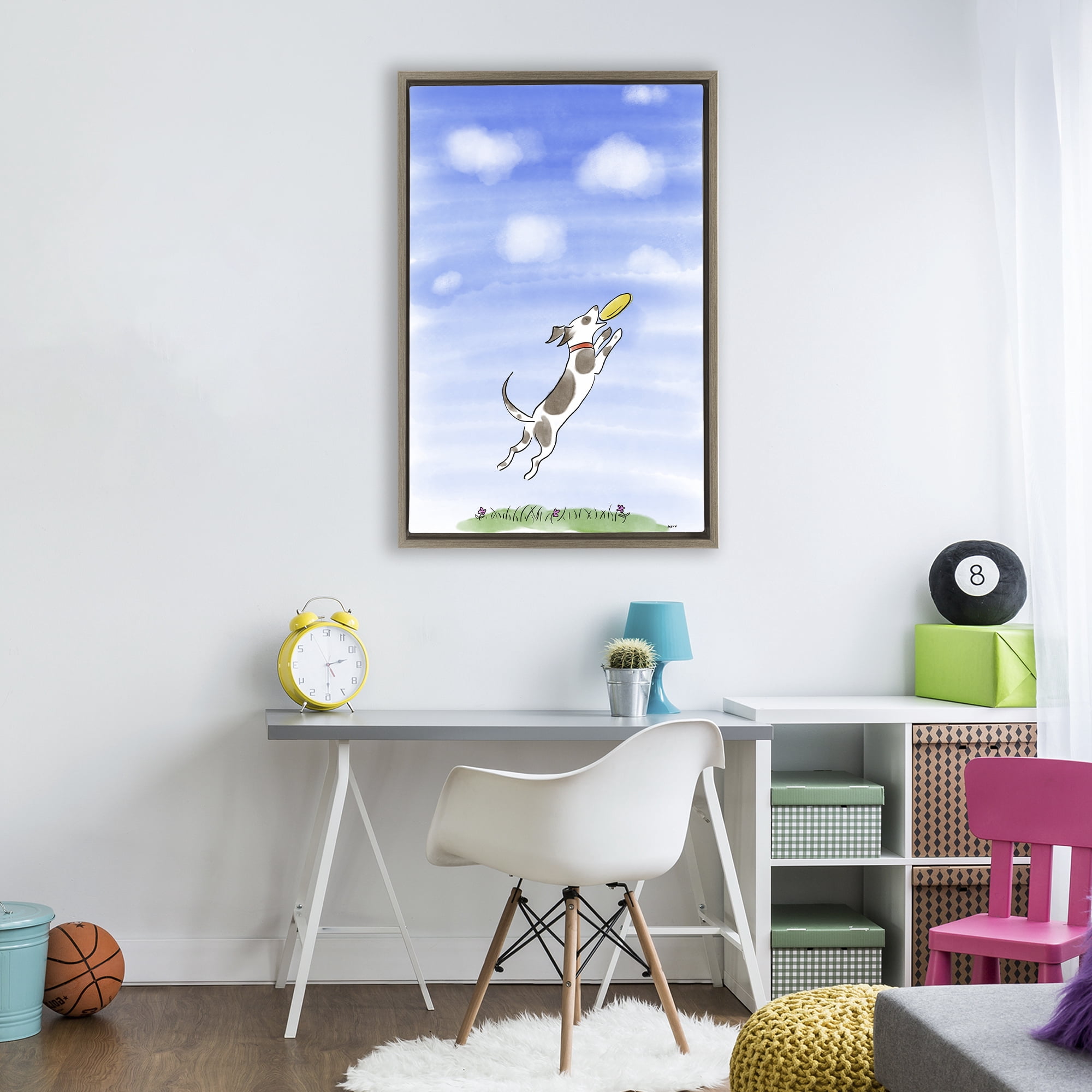Stupell Industries Dog Catching Frisbee Brown Framed Floater Canvas Wall Art, design by Patti Mann