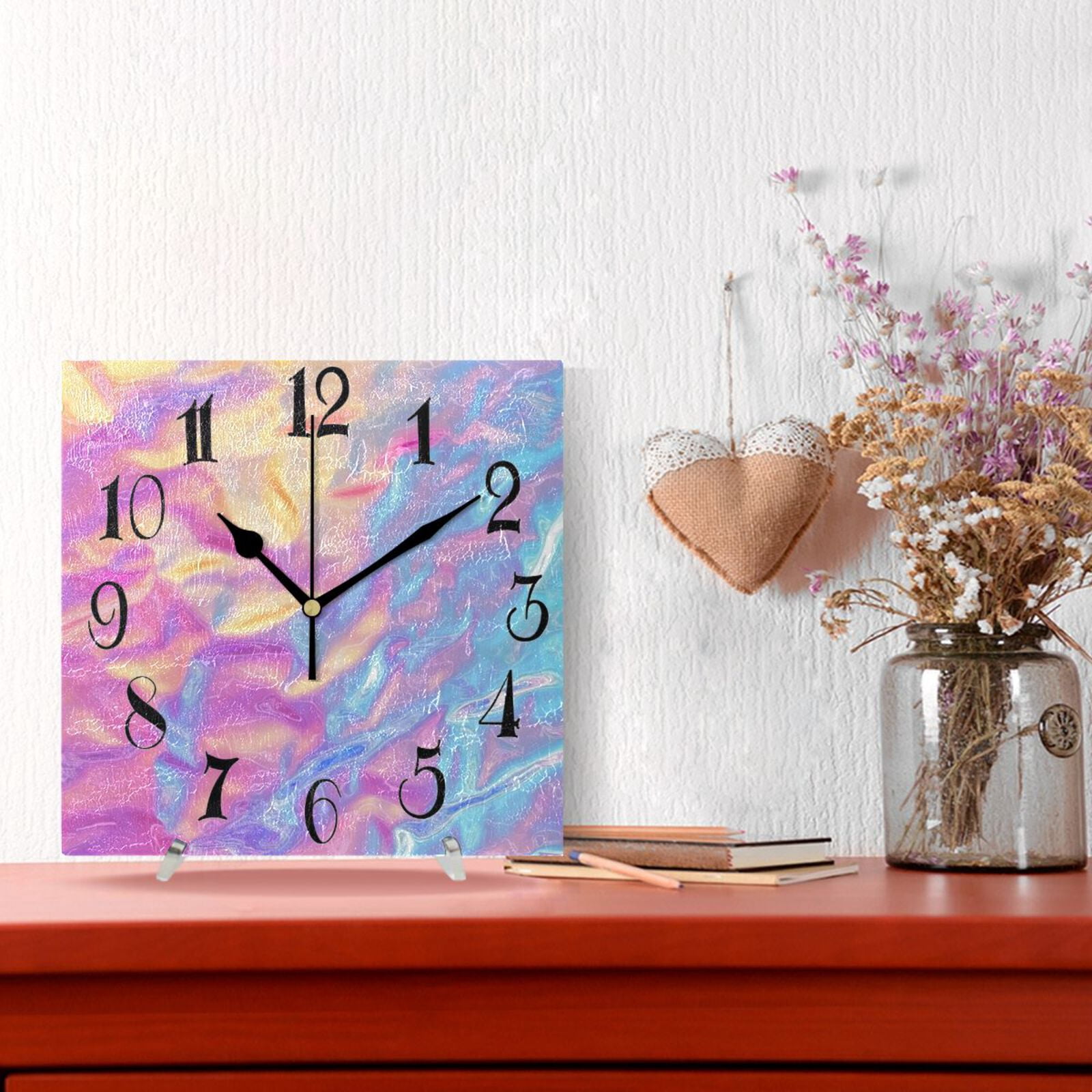 Colorful Hologram Waves Wall Clock Decorative Square Silent Non-Ticking Operated Clocks Aesthetic for Bedroom Living Room