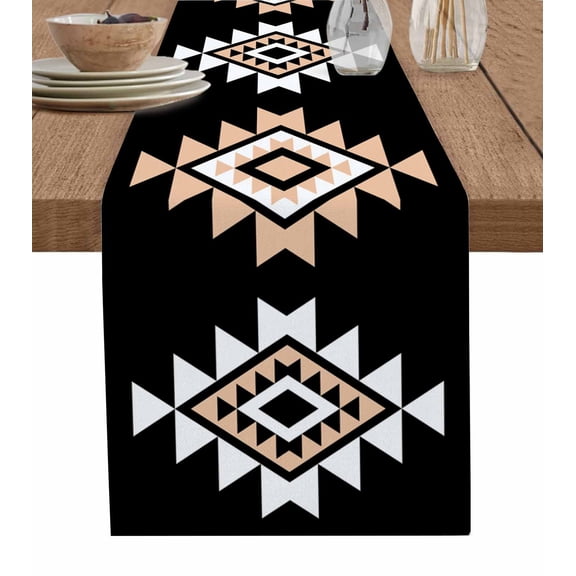 ERUNPONLY Black White Beige Boho Table Runner - 72 Inch Long Western Geometric Aesthetic Cotton and Linen Blended Dress Scarves Farmhouse Table Runner for Kitchen Dining, Coffee Table, 13"x72"