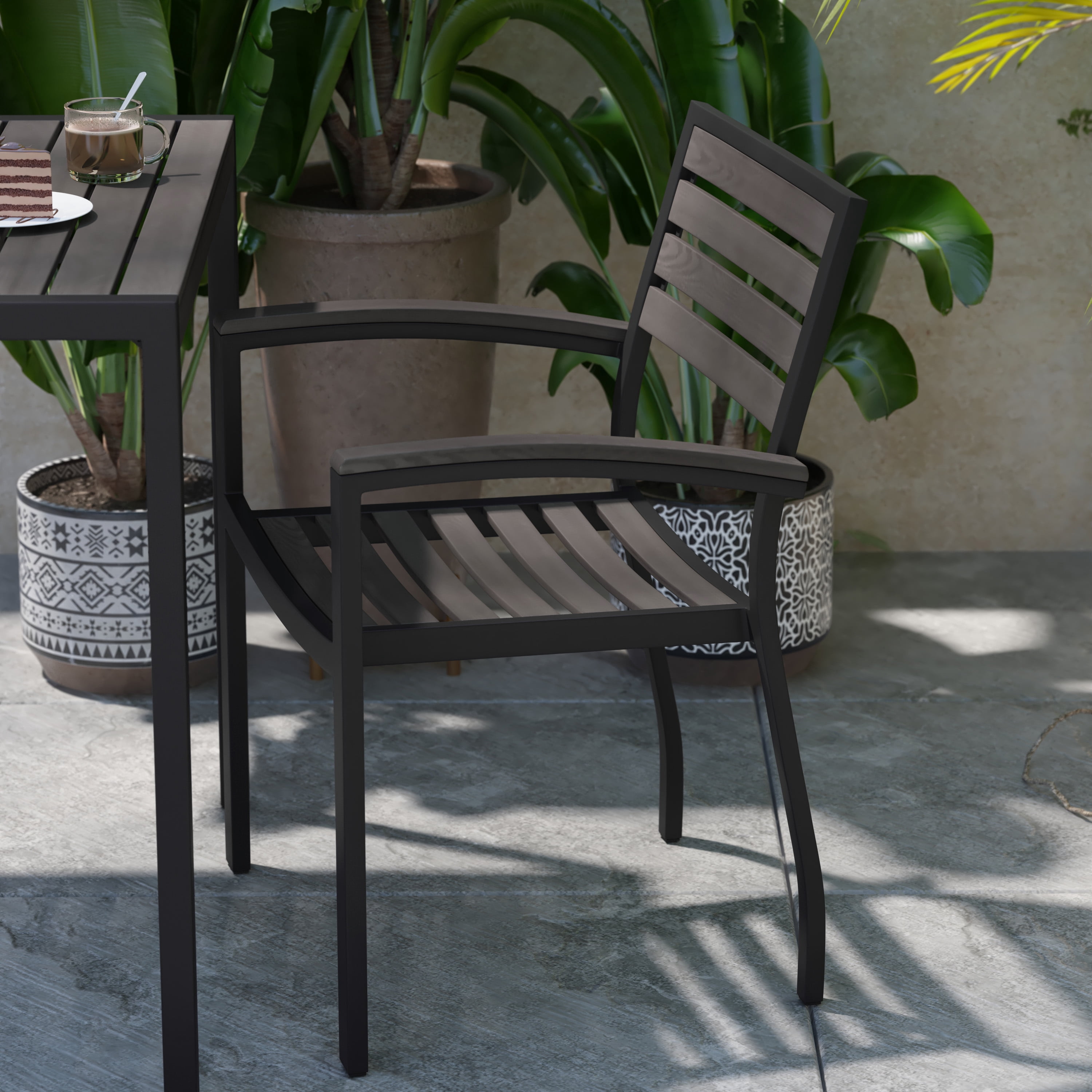 BizChair Set of 2 Outdoor Stackable Faux Teak Side Chairs - Commercial Grade Black Aluminum Patio Chairs with Synthetic Gray Wash Faux Teak Slats