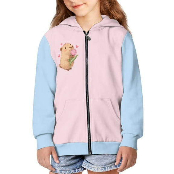 Psesaysky Girls Graphic Zip Up Hoodies Sweatshirt with Pockets Kids Hooded Coat Casual Outerwear Cute Capybara Tulips Print 6-7 Years