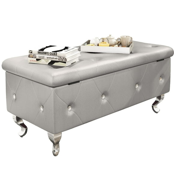 Recaceik PU Leather Ottoman with Storage, Upholstered Storage Ottoman Bench with Button Tufted, 37.4" Folding Bench Bed End Stool with Storage for Living Room, Bedroom, Locker Room, Entryway