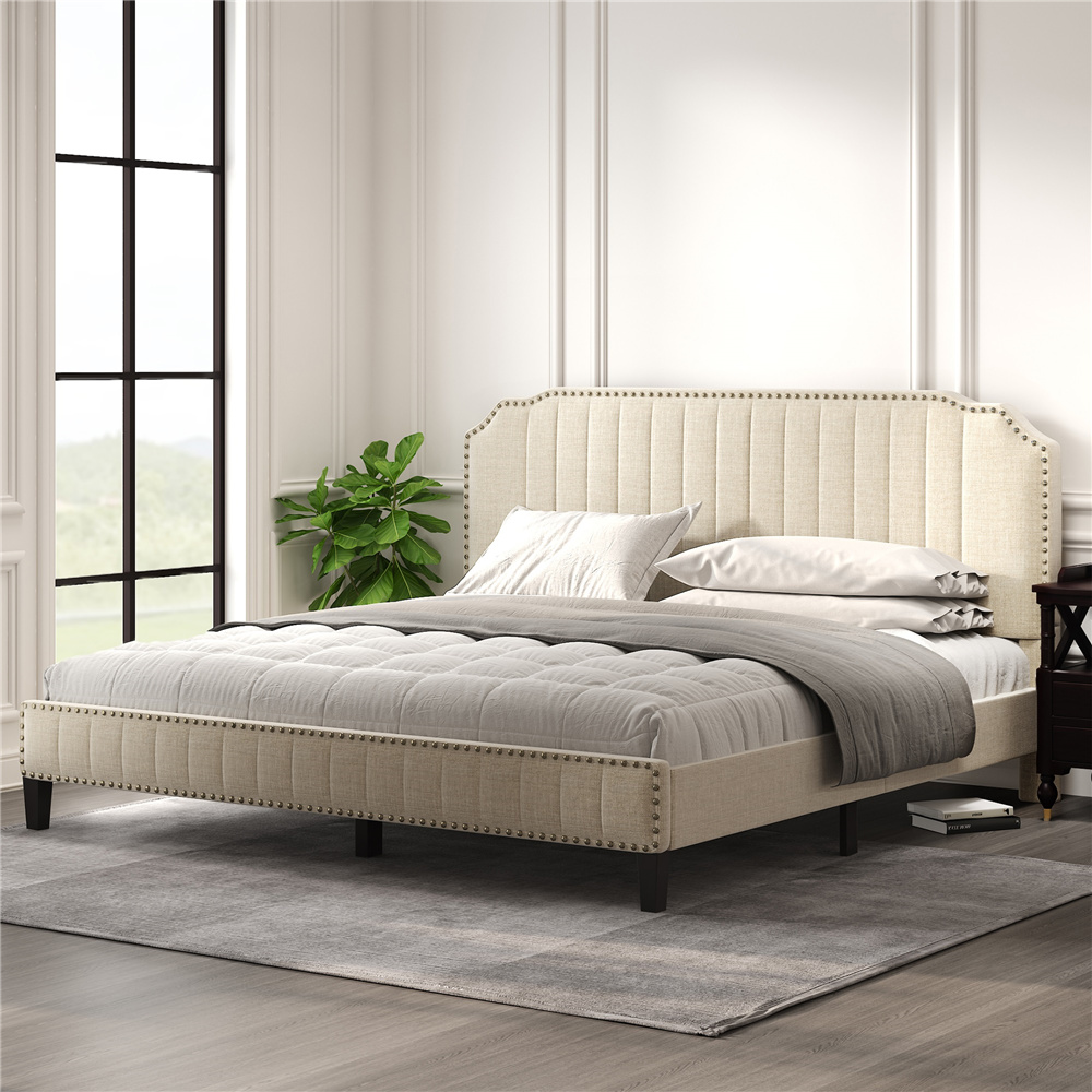 UHOMEPRO Modern Upholstered Platform Bed with Headboard, Heavy Duty King Bed Frame with Solid Wood Slat Support for Adults Teens Children, No Box Spring Required, Cream, CL199 - image 2 of 10
