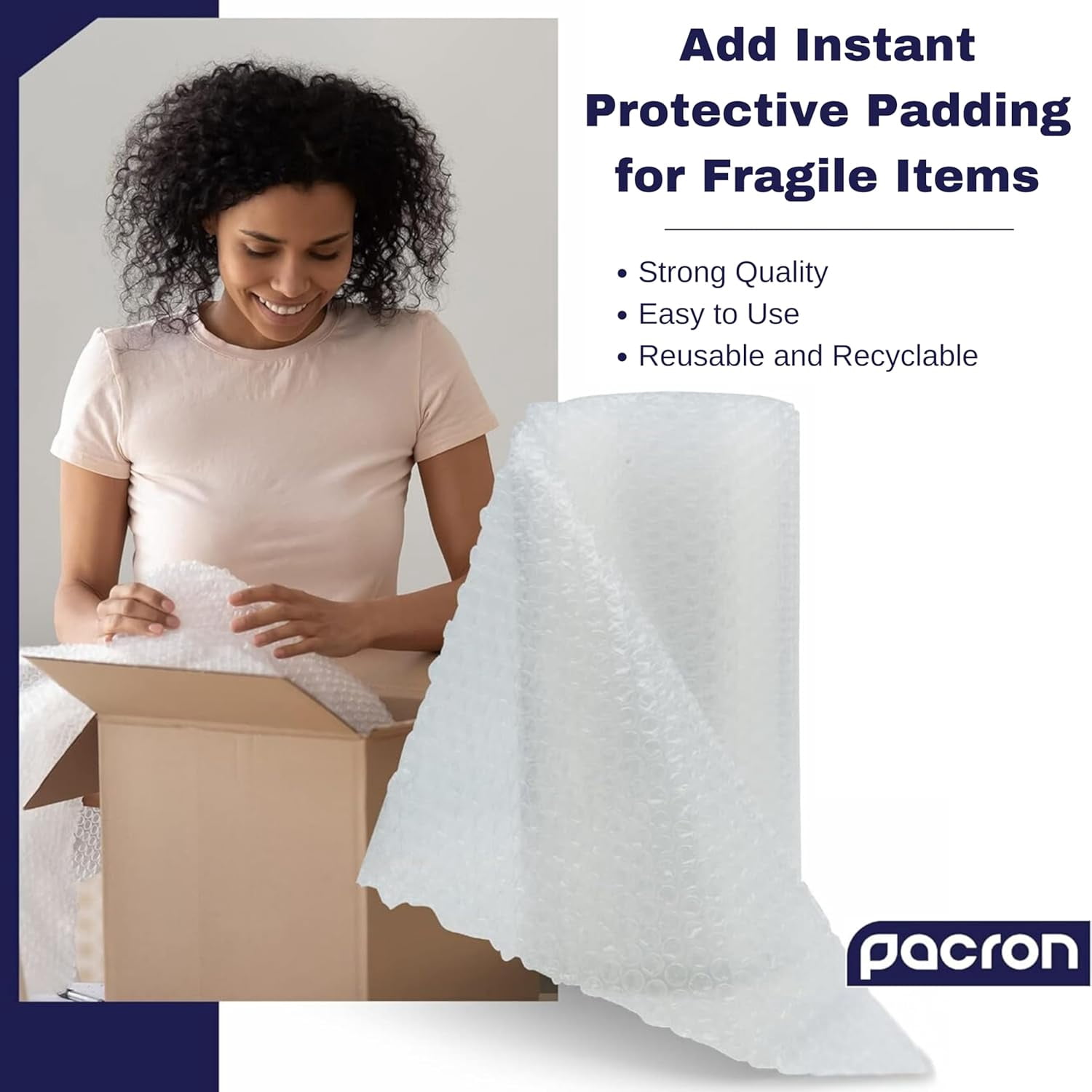 Pacron Clear Bubble Wrap Roll 100FT x 24IN, 5/16" Medium Bubble Roll - Perforated 12IN 1-Roll, Durable Plastic Wrap for Shipping, Moving, & Storage