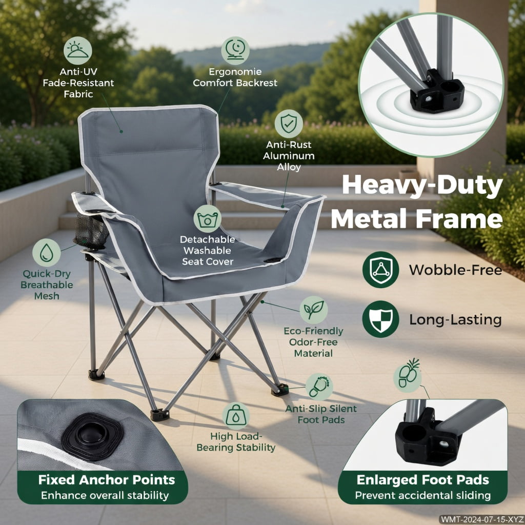 Hommoo Duo Portable Oversized Camping Loveseat Chair with Armrests, Dual Mesh Cup Holders & Heavy-Duty Steel Frame, Gray