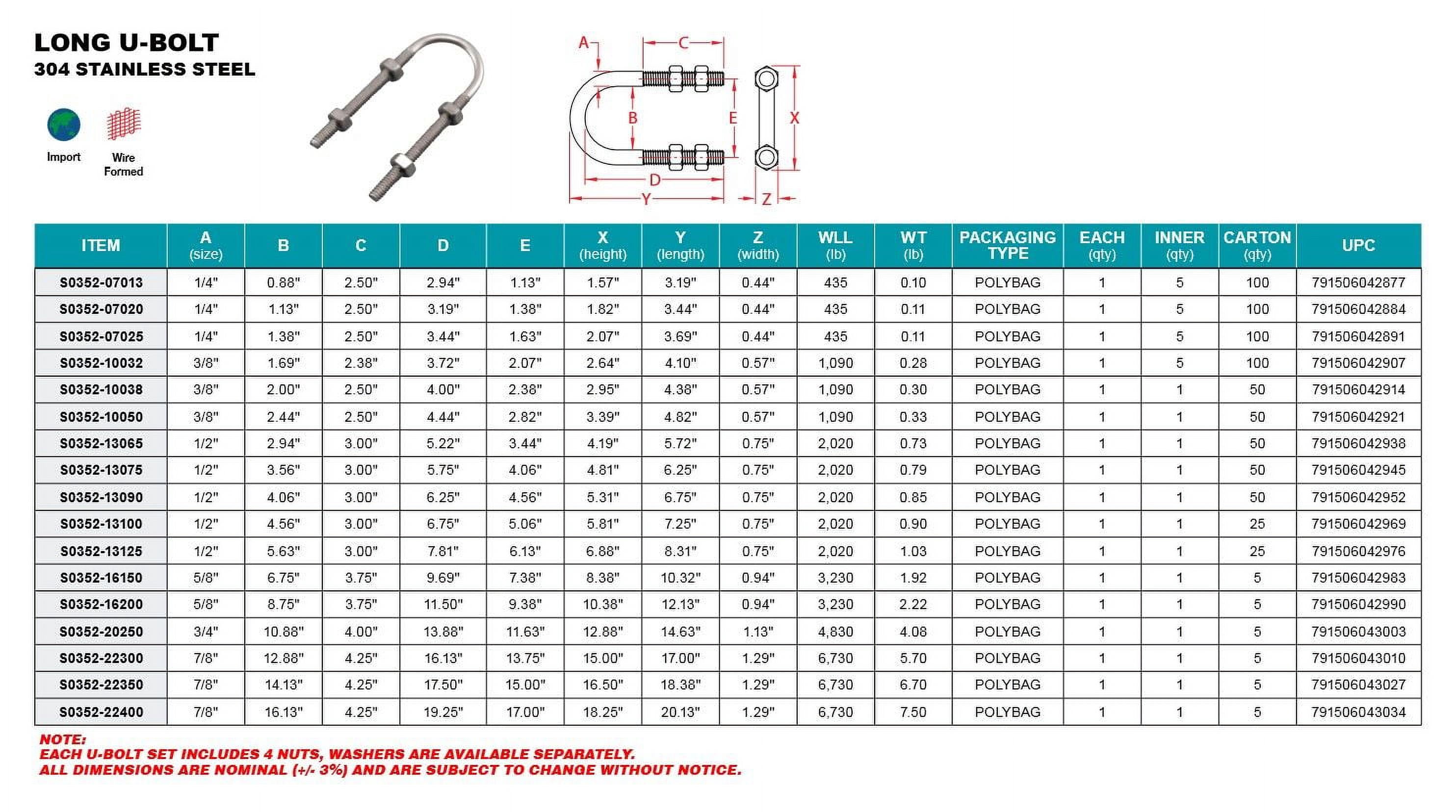 STAINLESS LONG U BOLT 3/8" X 1-1/2" X 4" (S0352-10038)