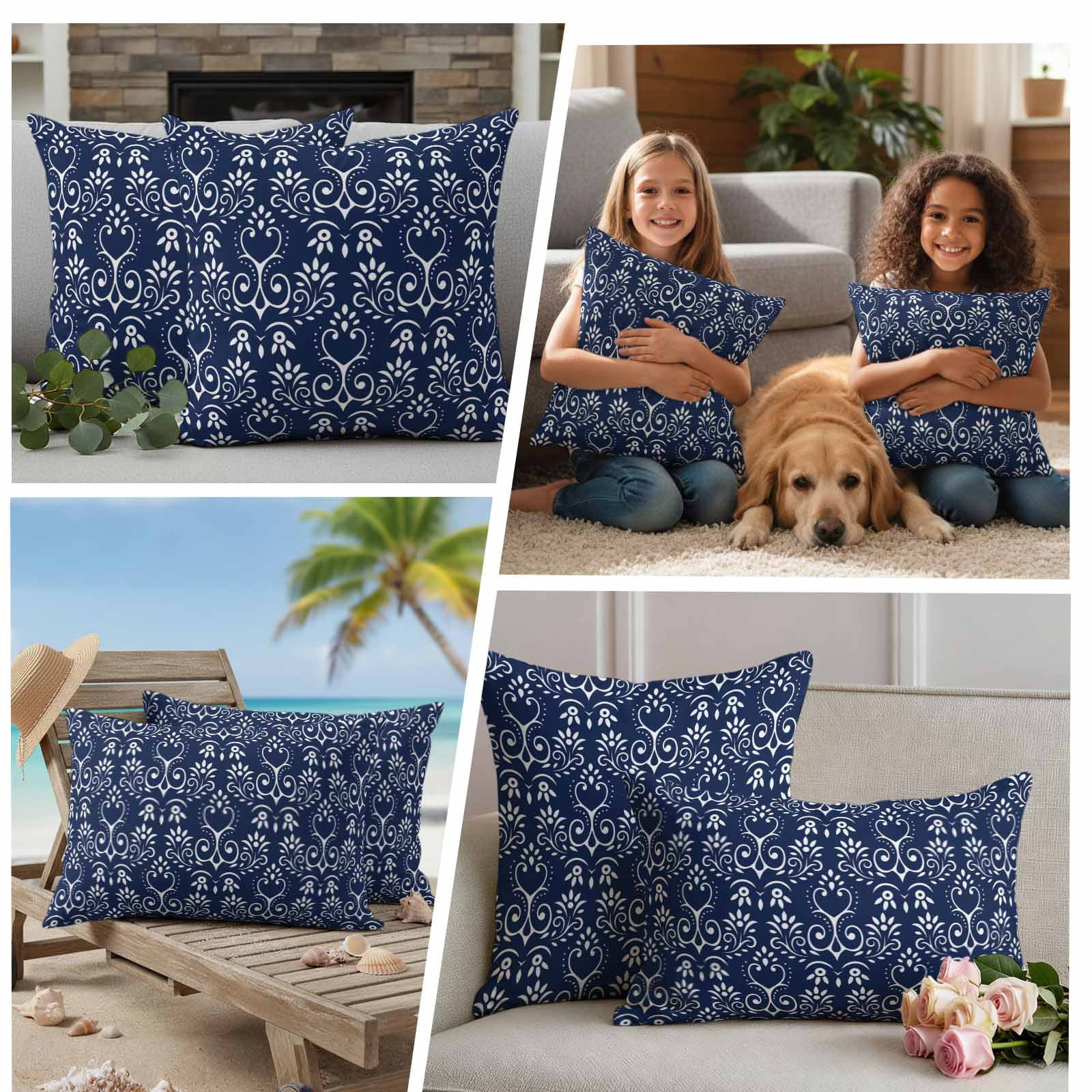 Navy Blue Spring Floral Outdoor Waterproof Pillow Covers, Modern Abstract Art Farmhouse Decorative Square Throw Pillowcase Sofa Cushion Sham for Patio/Couch/Chair, 26"x26" 2 Pack