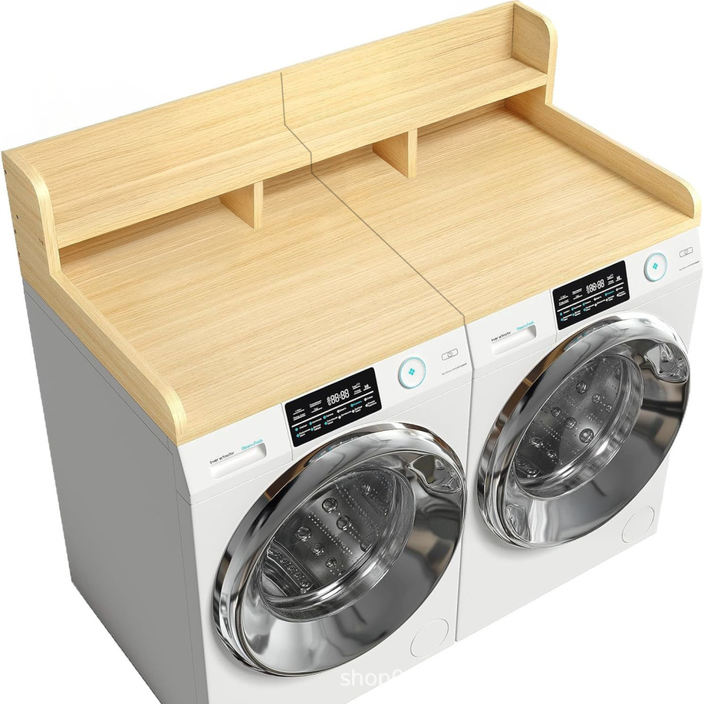2-Tier Washer Dryer Countertop with Edge Rails, Washer and Dryer Double Topper, Water-Resistant Laundry Topper for Laundry Hamper Counter Storage, Black, 54" W x 27.5" D, Oak