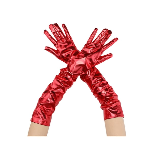 Guantes de cuero sintético para mujer INSPIRE CHIC, brillantes, de dedo completo, largos, para la noche, cálidos, talla única, rojos
