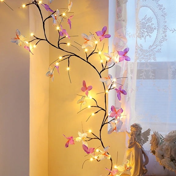 Willow Vine Butterfly Garland with LED Lights Remote Operated with 36/72 Fairy Lights, USB Lighted Flower Blossoms Branch Tree 3.9/5.2FT for Mantle Firepalce Wall Wedding Party Decoration