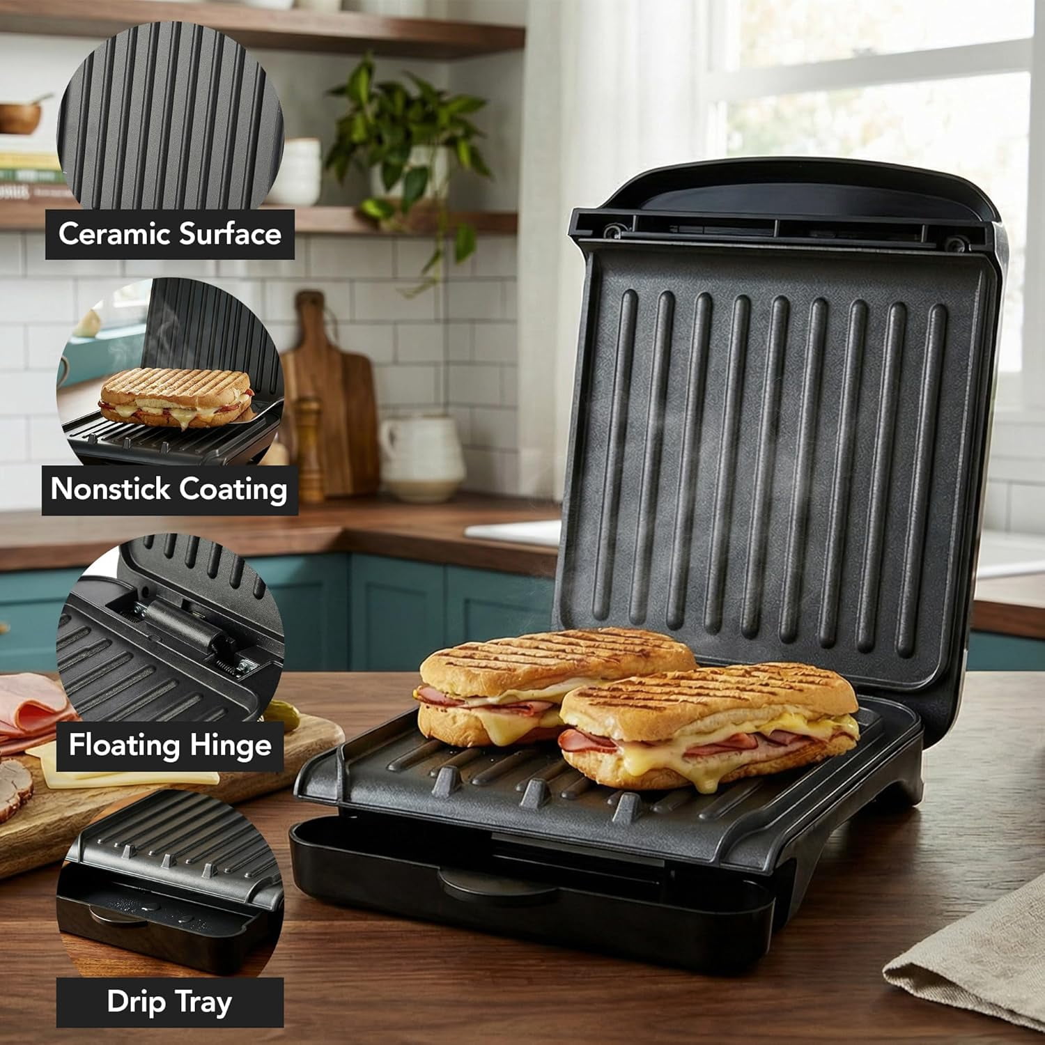 OVENTE 2-Serving Electric Indoor Grill & Panini Press, Black GP222B | 750W Non-Stick Plate Coating, Opens 90 Degrees, 10.7" x 7.7" Space Saving Design 50W Contact Grill for Burgers & More