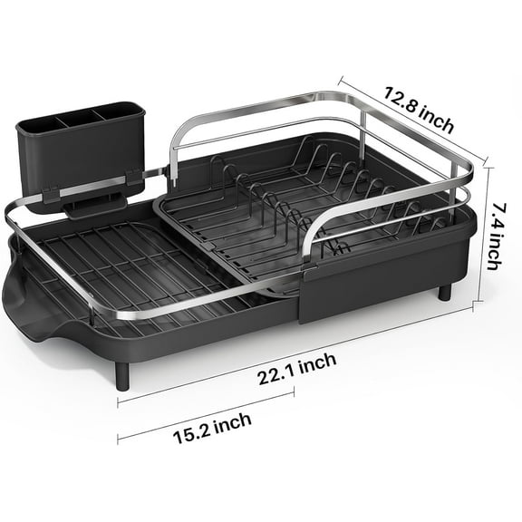 Expandable Dish Drying Rack - Rust-Resistant Kitchen Organizer with Utensil Holder and Raised Guardrail (Black)