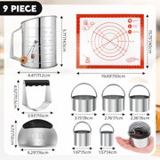 Godance 9 Pcs Stainless Steel Pastry Blender Set, Pastry Blender & Cutter with 5 Biscuit Cutters, 3-Cup Flour Sifter & Non-Stick Silicone Baking Mat | Biscuit Cutter Set for Cooking Cookies and Donut