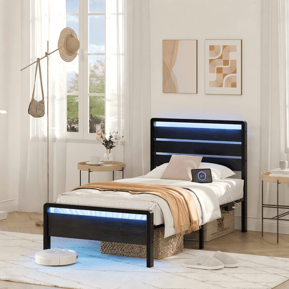 Zimtown Twin Size Platform Bed Frame, Heavy Metal Bed Frame with Wooden LED Headboard, 12" Under-Bed Storage, Black