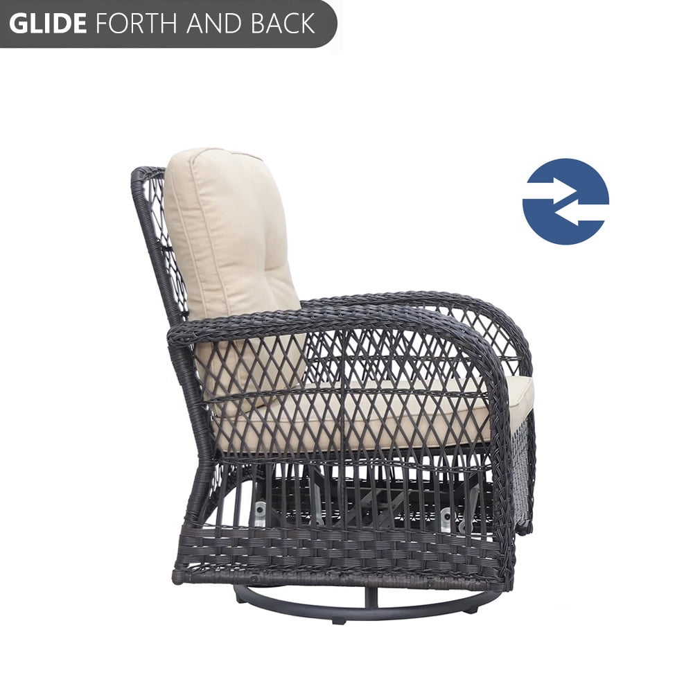 Abble 3 Pieces Patio Furniture Set, Swivel Rocking Outdoor Patio Conversation Set Wicker Rattan Seating Group Set with Beige Cushions, Dark Brown