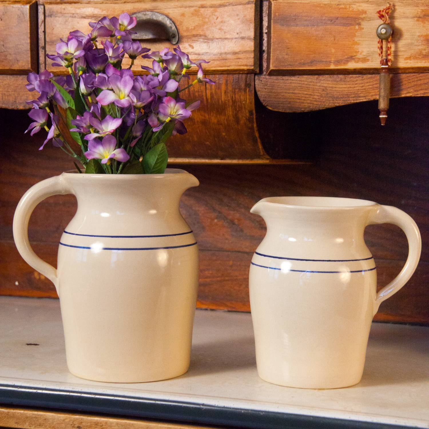 Martinez Pottery Stoneware Pitcher Vase, Natural with Blue Stripe Country Decor, Medium