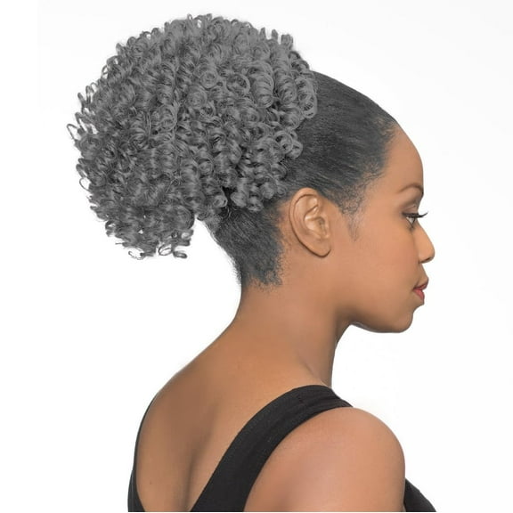 DS08 Ponytail Color 1B - Foxy Silver Wigs 8-10" Med Length Spiral Curls Drawstring Cheerleader Style Hairpiece Extension Synthetic Black Grey Full Bun Womens Bundle MaxWigs Booklet