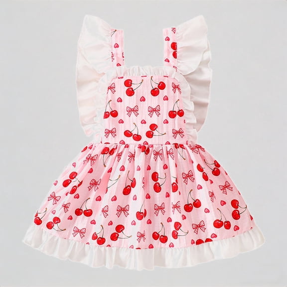 REDARER Girls Flutter Sleeve Cherry Bow Print Dress with Ruffle Trim Summer Casual Holiday Party Dress for Kids,18-24 Months