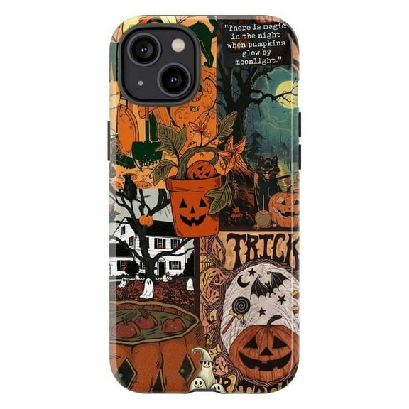 Vintage Halloween Patchwork iPhone Case, Spooky Pumpkins, Black Cats, Ghosts & Witchy Magic Quote, Durable Protective Cover for iPhone 16 15 14 13 12 11 Mini Pro Max