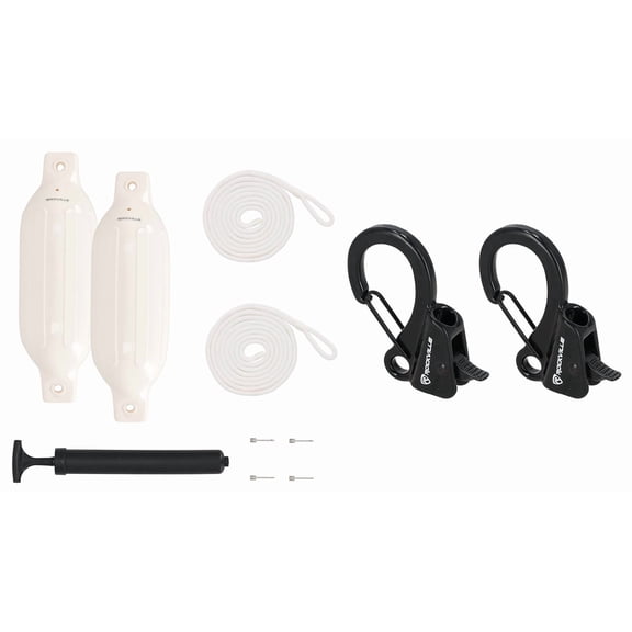 Rockville FEN245-WHITE Bundle: 2 4.5 x 16 in Boat Fenders, 2 Fender Lines, Hand Pump, 2 Inflation Needles, RQA-2 Quick Release Fender Clips, 9-Items
