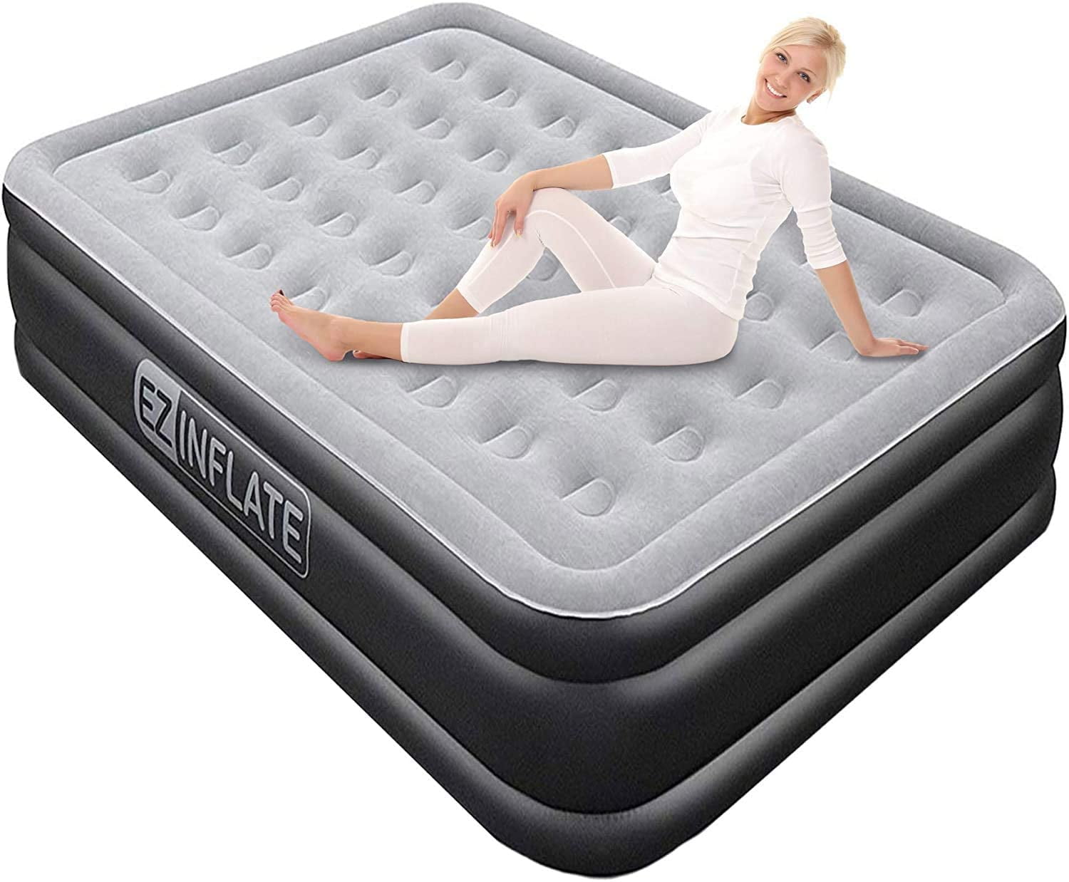 EZ INFLATE Luxury Double High Queen air Mattress with Built in Pump, Queen Size, Inflatable