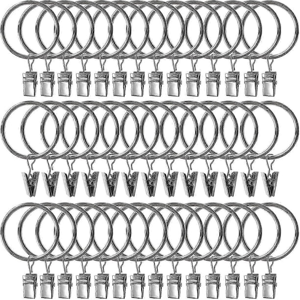 Paquete de 40 anillas metálicas para cortinas con clips, ganchos para cortinas, ganchos decorativos para barras de cortina, ojales de 3,8 cm de diámetro interior, color plata.