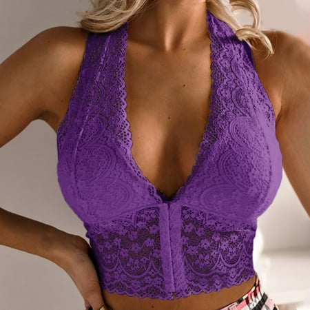 Brnmxoke Lace Bralettes for Women Plus Size Padded V Neck Going Out Lingerie Bras Camisole Racerback Crop Top Sheer Sexy Y2k Bustier Push Up Wireless Halter Bra