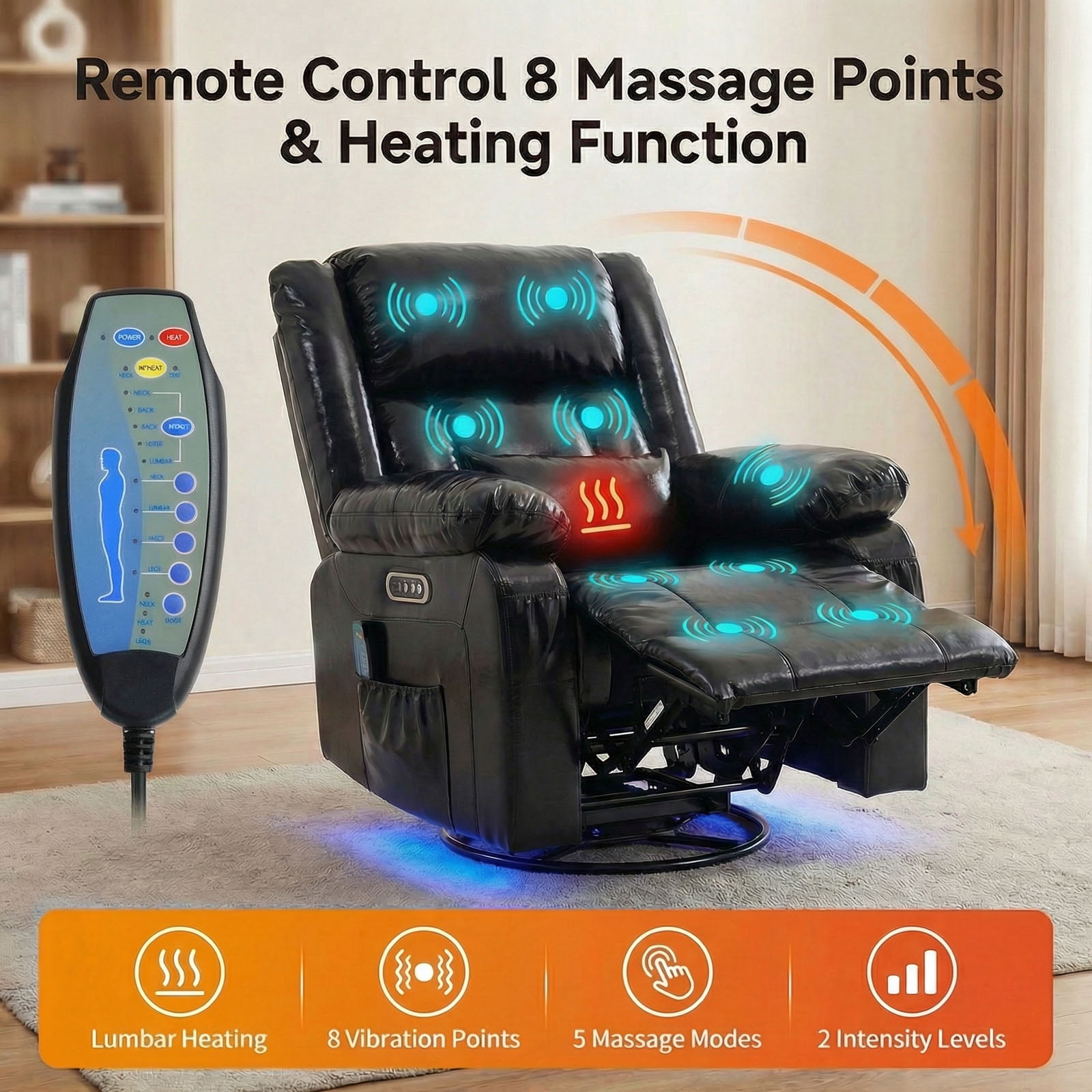 IPKIG Electric Power Recliner with Heat & Massage, 240° Swivel Rocking Chair for Living Room, LED Home Theater Recliner, Faux Leather Black