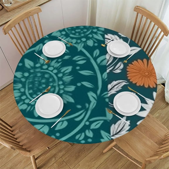 HAOXIT Boho Bohemian Stripes Floral Tablecloth Round Table Cloth, Teal Green Aqua Indoor or Outdoor Tablecloth, Waterproof Polyester Table Cover for Party Holiday Picnic Decoration 31-35