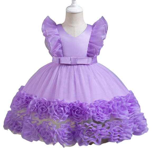 Baby Girls 3D Flower Dress Bowknot Pageant Party Wedding Birthday Gown, 12M-5T
