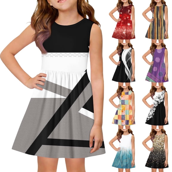 LTTVQM Sun Dress for Girls Casual Color Block Summer Dresses Lightweight Sleeveless Midi Dress Fashion Crewneck A-Line Dresses Gray 3-4 Years