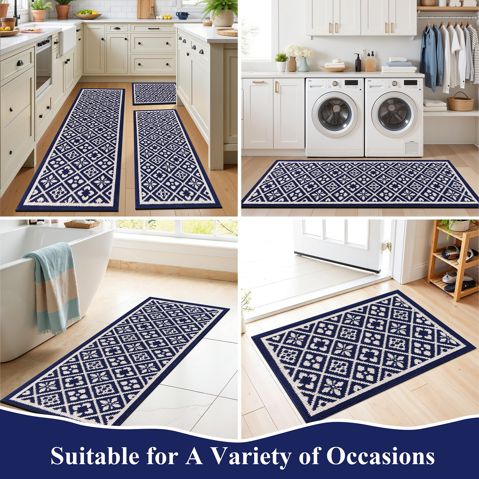 Vaukki Farmhouse Kitchen Rugs Sets of 3, Non Slip Kitchen Floor Mats Washable Kitchen Runner Rug, Blue
