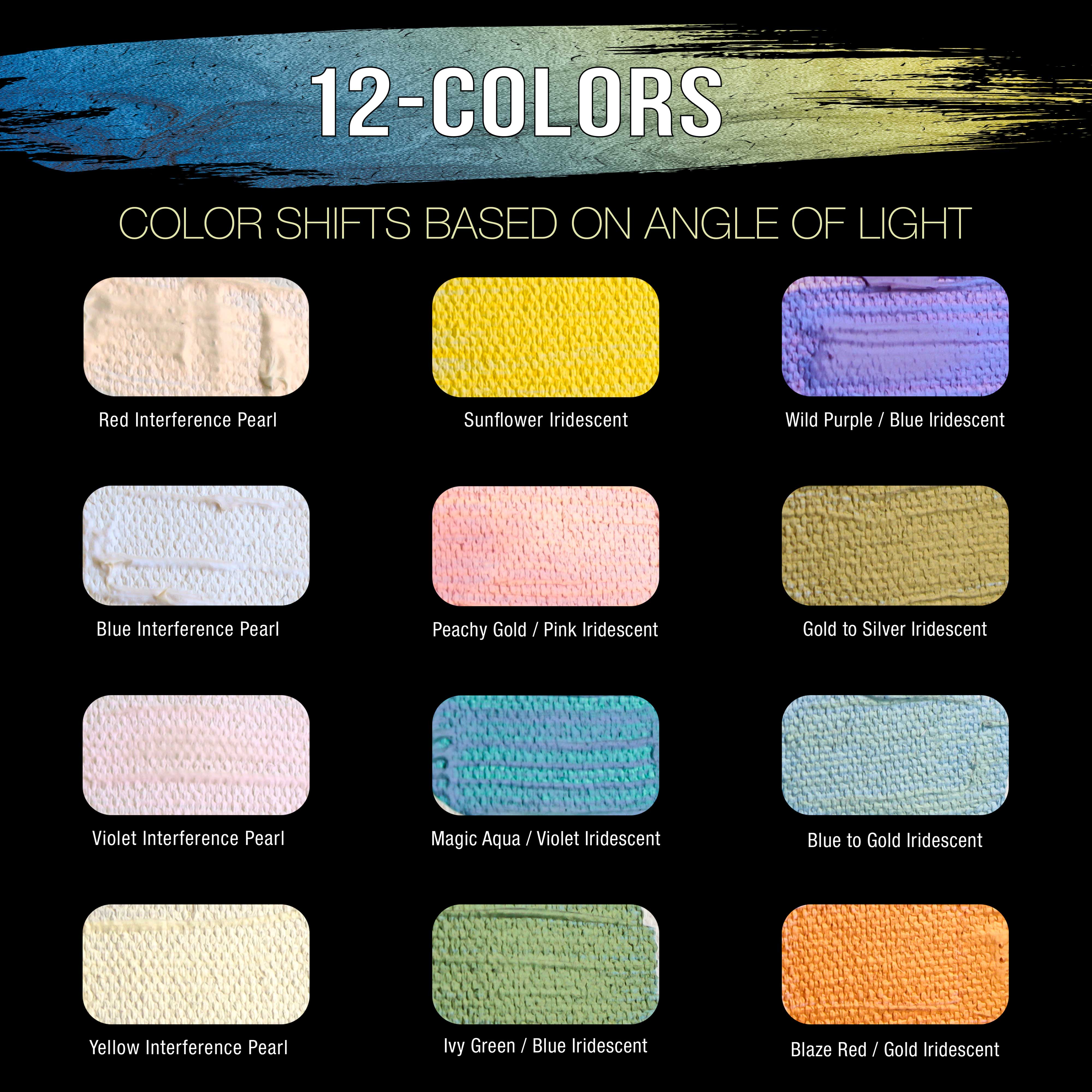 U.S. Art Supply Professional 12 Color Set of Iridescent Acrylic Paint, Large 75ml Tubes - Luminescent Special Effect Chameleon Color-Shifting Pearl Colors - Artists, Canvas Painting, Paper, Wood