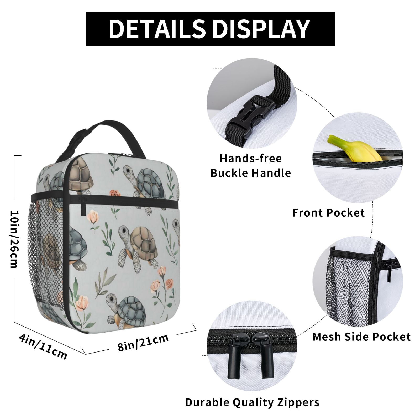 Lunch Bag For Women Men Insulated Portable Lunch Box Bento Box Office Picnic Travel Cooler Bag Turtle And Flower