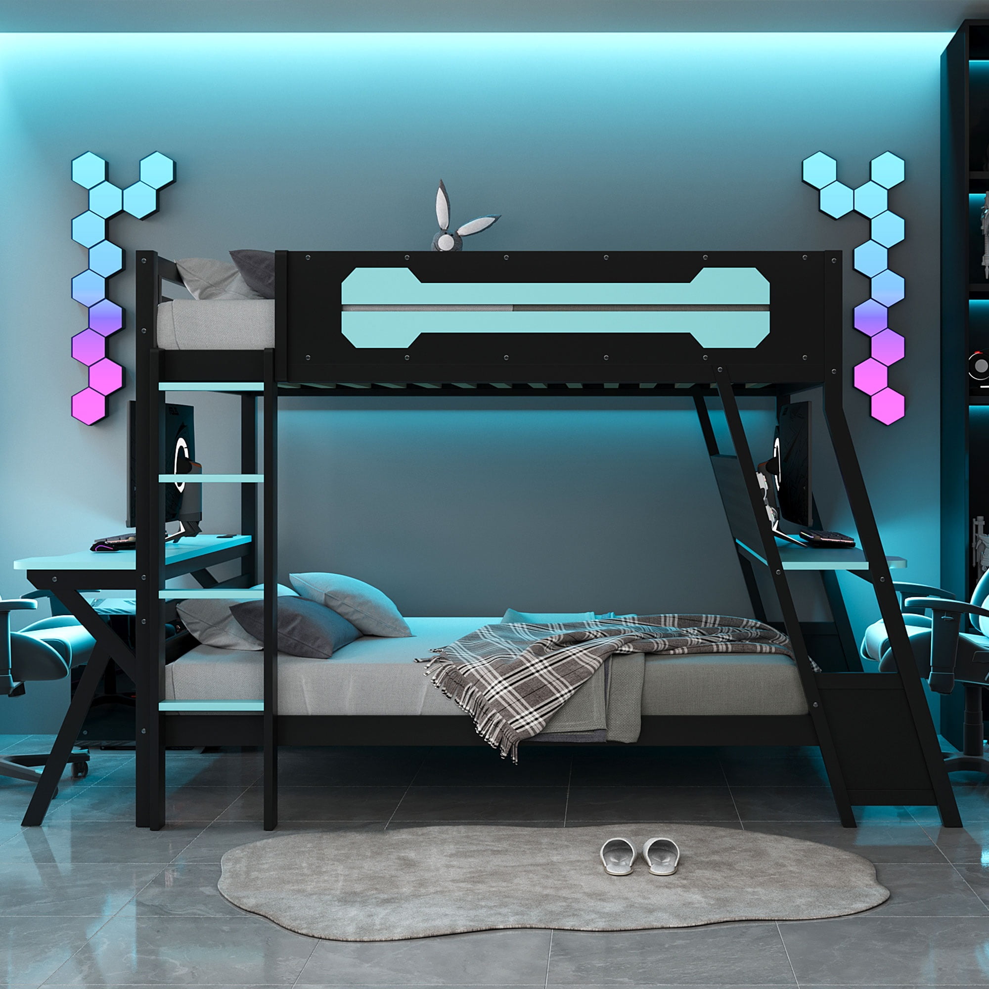 Aukfa Full over Full Bunk Bed with Built-In Desks, USB Charging Ports & Pegboard Organizer, Wood E-Sports Gaming Bed Frame for Kids/Teens, Blue