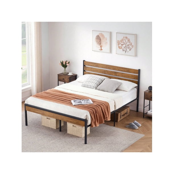 Queen platform marco de cama con rustic vintage wood cabecero, almacenamiento, metal slats support - no necesita colchón base