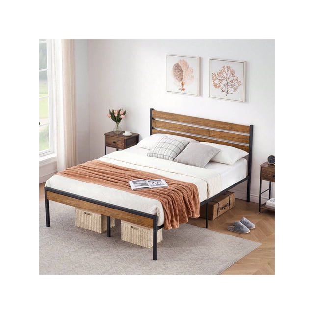Queen platform marco de cama con rustic vintage wood cabecero, almacenamiento, metal slats support - no necesita colchón base
