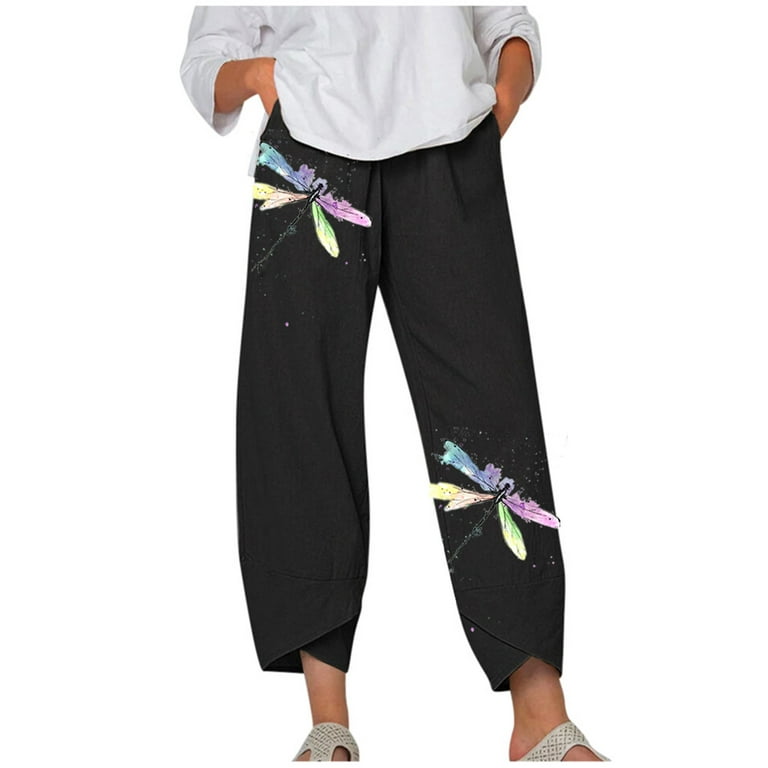 Usmixi Womens Cotton Linen Cropped Pants Fashion Dragonfly Print Irregular  Straight Pants Casual Elastic Waist Loose Pocket Pants Black XL