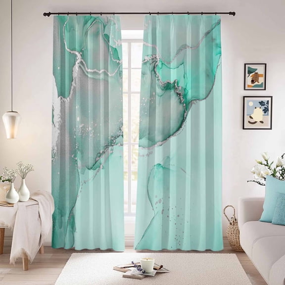 Aqua Marble Blackout Curtains for Bedroom/Living Room, Pinch Pleated Black Out Curtains, Modern Abstract Waves Silvery Farmhouse Room Darkening Window Drapes with Hooks 2 Panels, 39"x70"