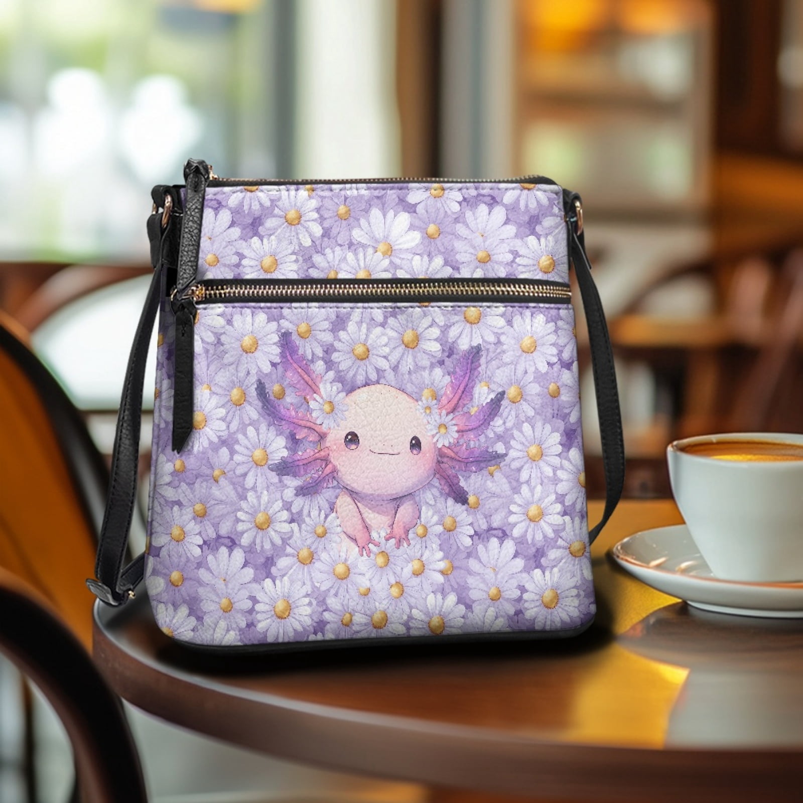 ZUXONGSY Axolotl Daisy Flower Print Lightweight Crossbody Bags for Women Multipurpose Multiple Pockets Bag Satchel Casual Travel Purse with Adjustable Strap for Shopping Working