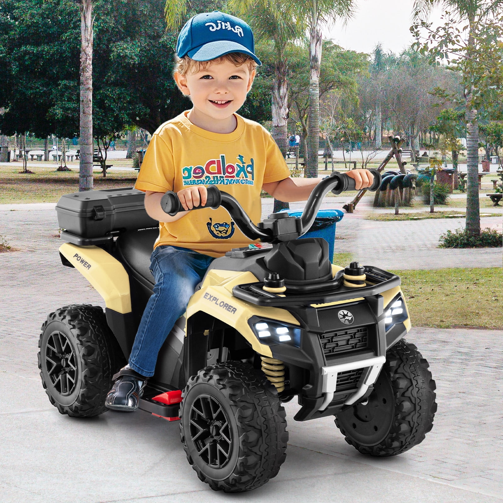 Costway 6V Toddler Ride On Electric Car ATV with Lights & Music & USB Port Storage Box Toy Car Khaki