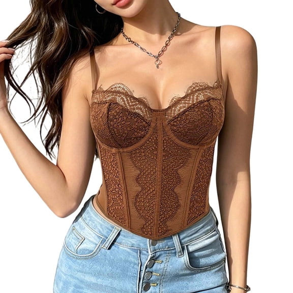 Fenkoxk Women Sheer Lace Mesh Spaghetti Strap Corset Top Sweetheart Neck Boned Slimming Bustier Crop Top