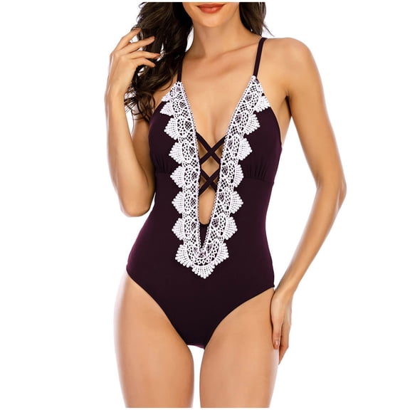 Yuanlook Womens One Piece Swimsuits Plunge Neck Crisscross Bathing Suit Spaghetti Strap Tummy Control Swimwear,Purple,XL