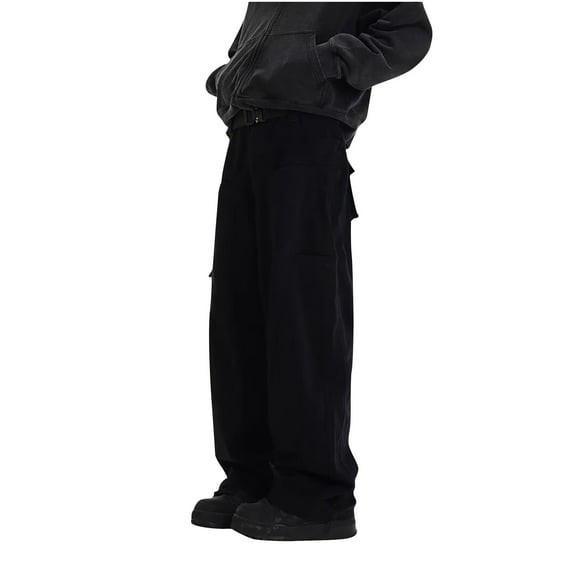 Wyobmus Mens Cargo Jeans Summer Outdoor Solid Functional Pants Stretch Loose Work Pants With Pockets A-Black