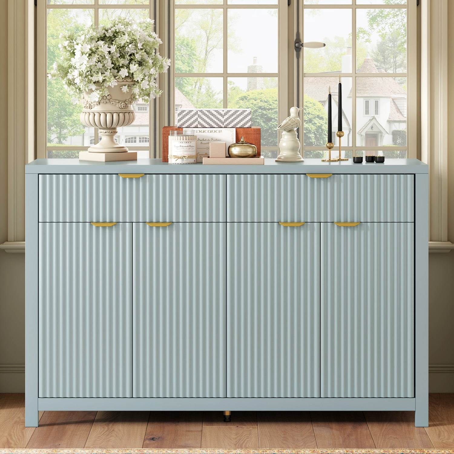 Modern 55.1" Sideboard Buffet Cabinet, 2 Drawers 4 Doors Storage Credenza with Adjustable Shelves, Wave-Pattern MDF Cabinet for Living Room Dining Entryway, Cyan