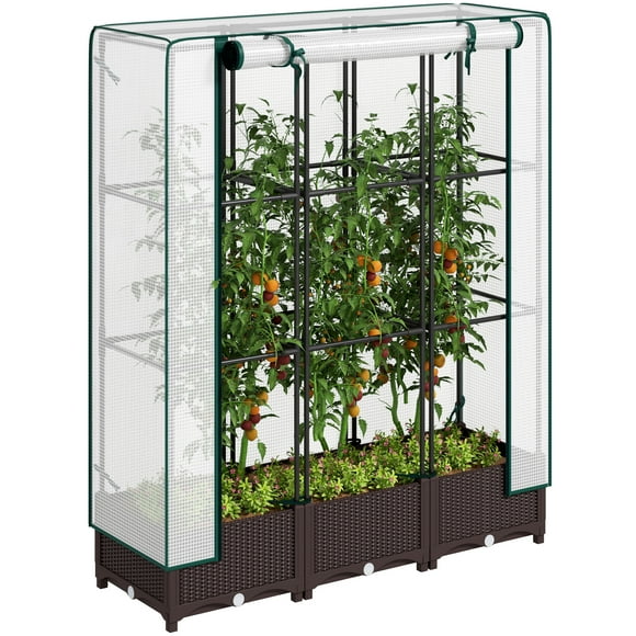 Outsunny Plastic Raised Bed with Trellis and PE Cover, 47 x 16 x 50 in