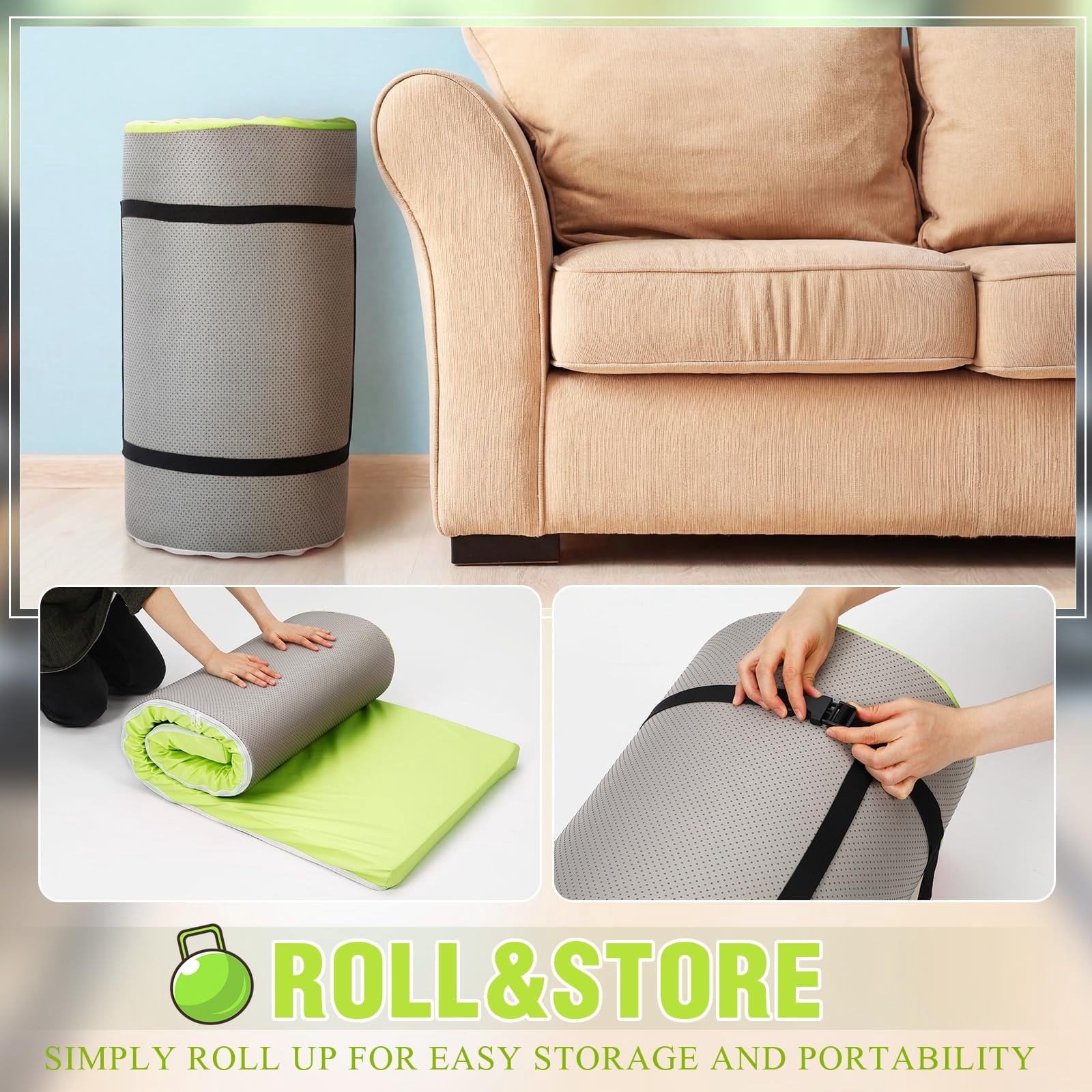 Fresh Green Foldable Yoga Mat 72"x24" 2 Inch Thick with Carry Strap for Pilates Stretching